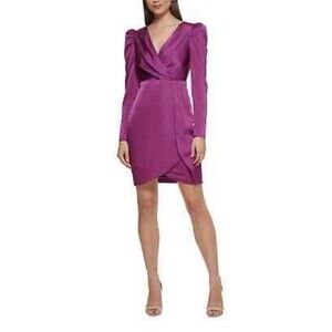 NWOT GUESS | Purple V-Neck Long Puff Sleeve Belted Sheath Dress 8